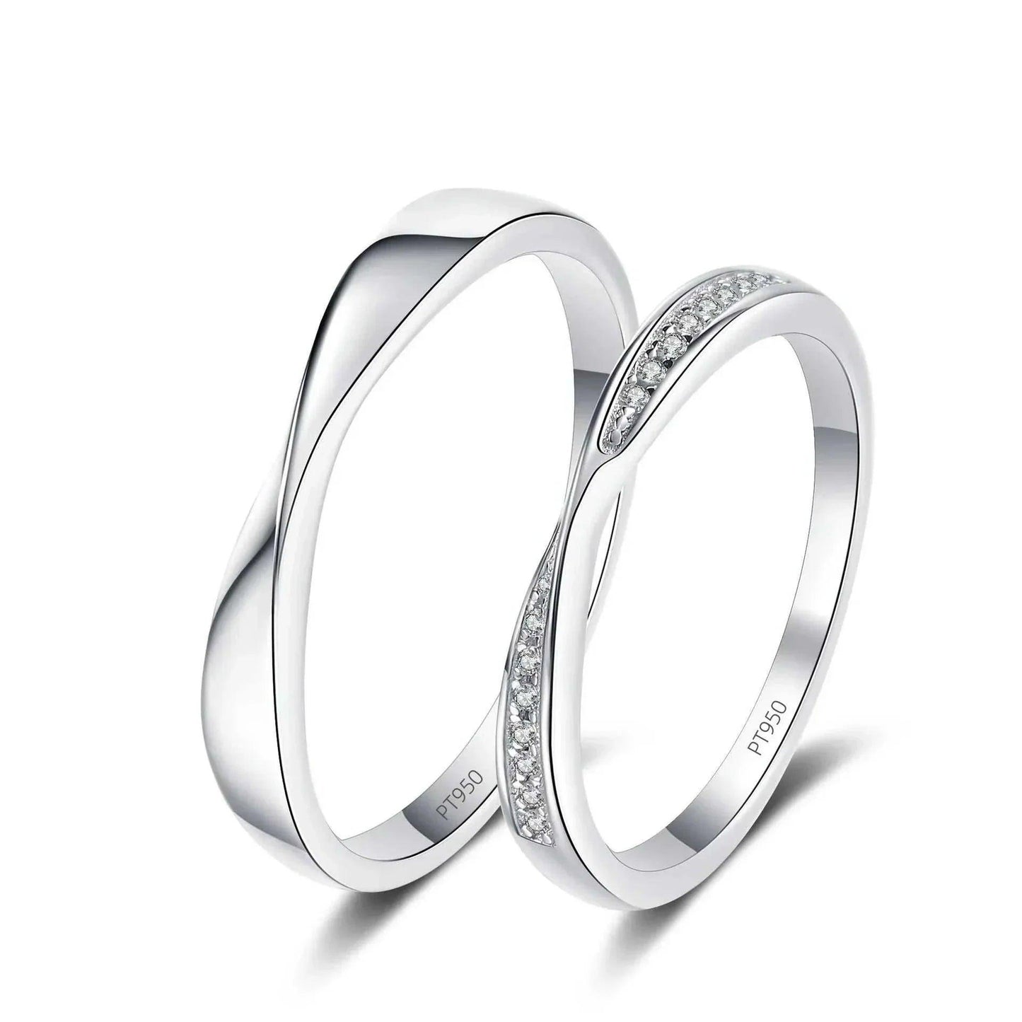 Elegant Platinum Moissanite Couples Ring Set with minimalist design and brilliant moissanite stones.