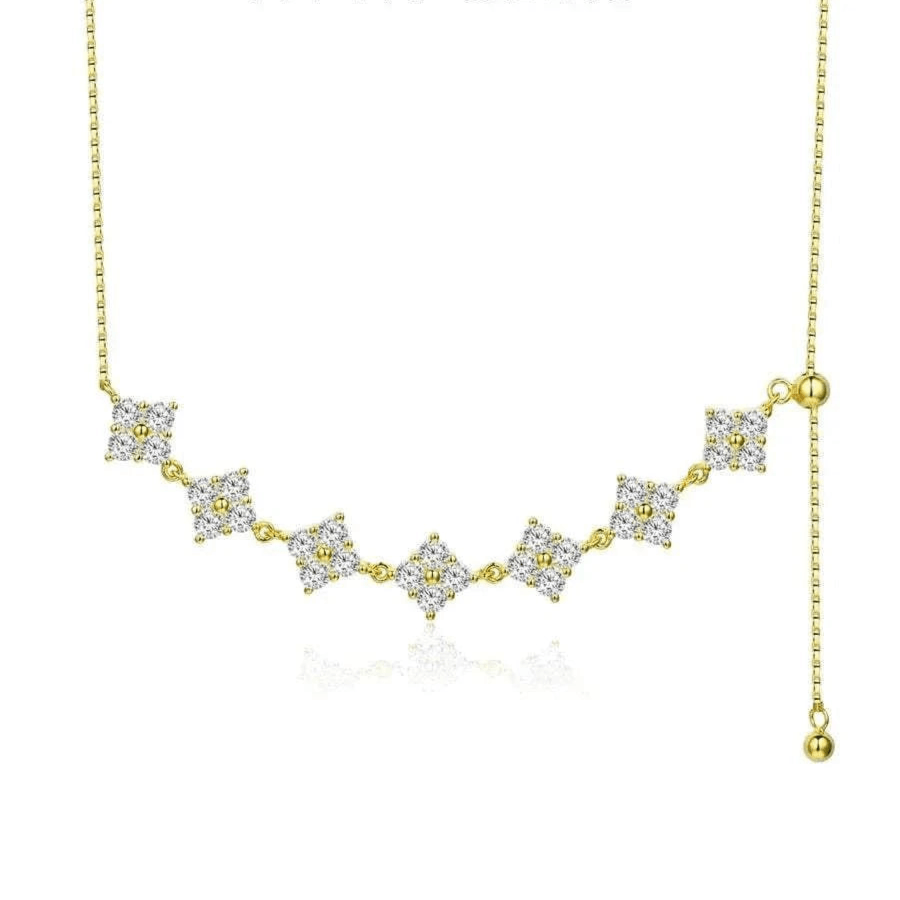 Luxury moissanite necklace with gold pendant and sterling silver chain.