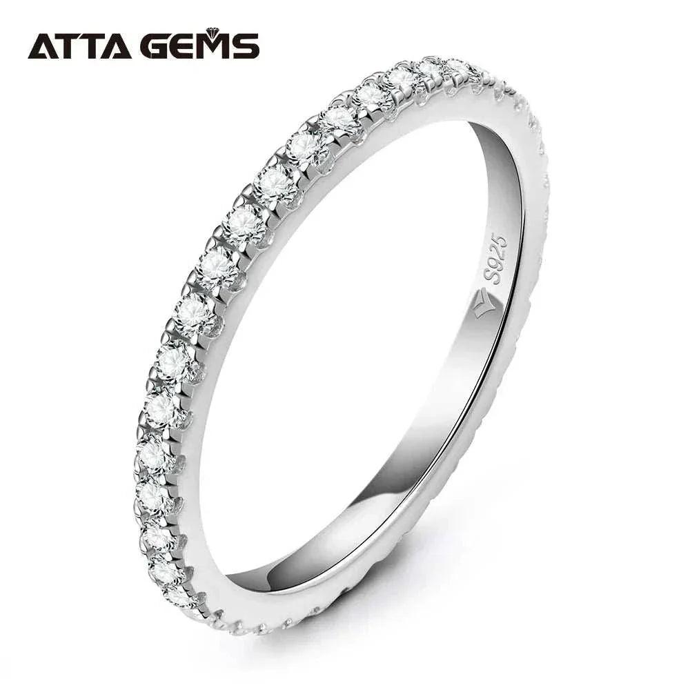 Moissanite full eternity ring in sterling silver with sparkling VVS1 D color stones.