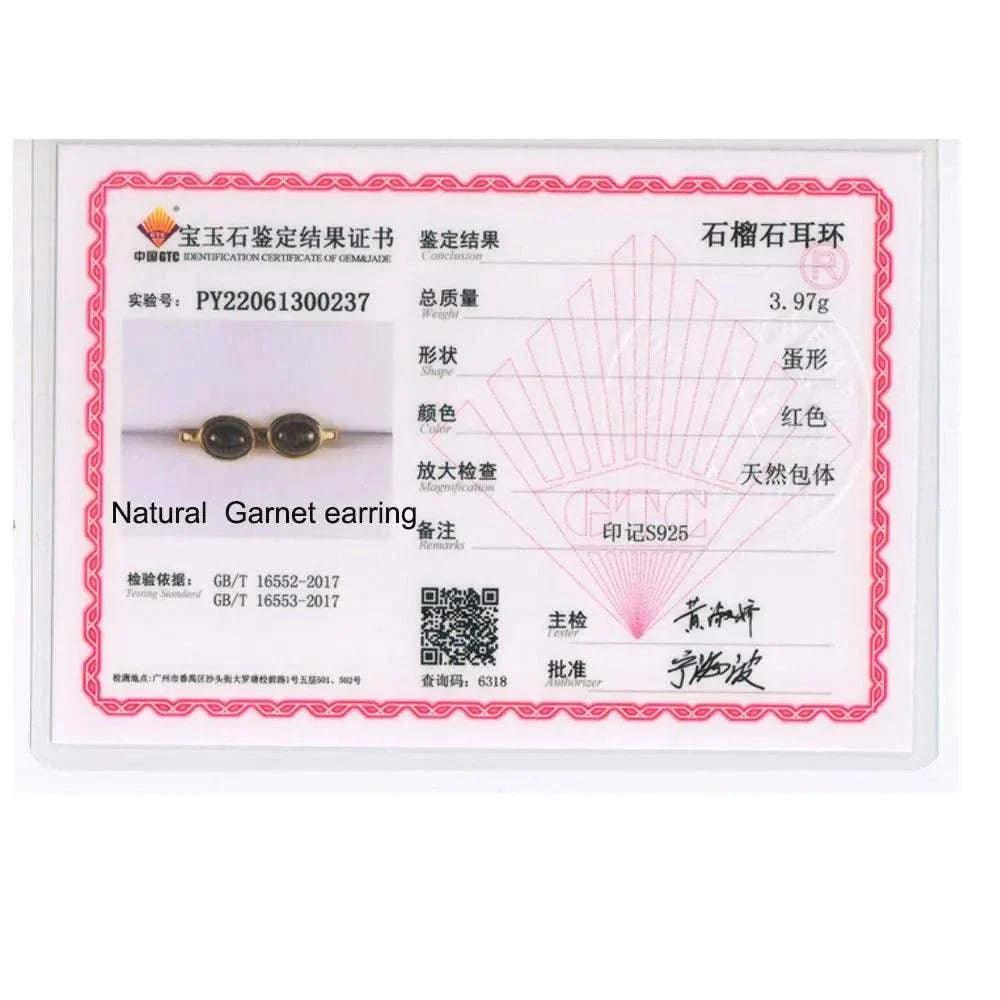 Certification card for natural Mozambique garnet silver earrings showcasing gem details and authenticity.