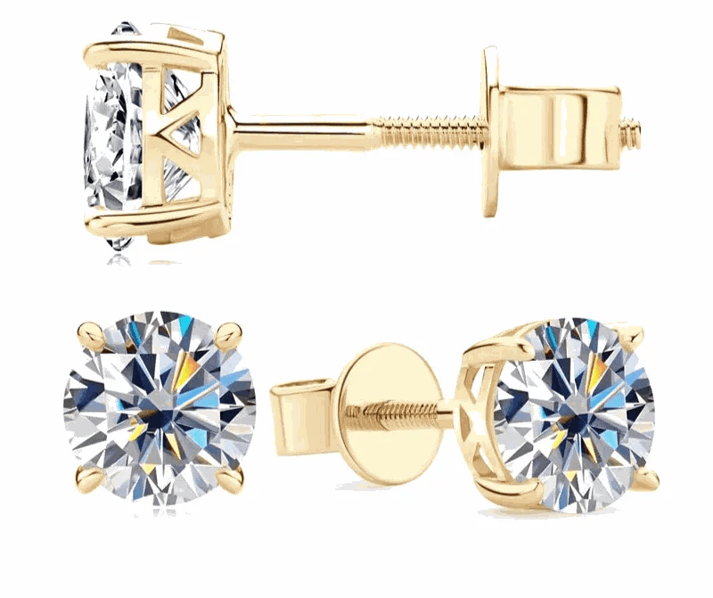 14k gold moissanite stud earrings with round stones and polished finish.