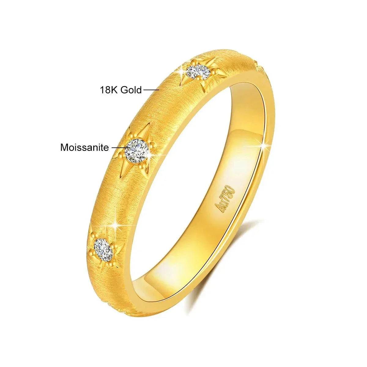 18K gold moissanite luxury diamond ring with round cut stones and AU750 stamp.