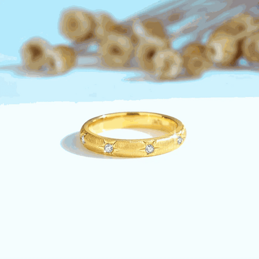 18K gold moissanite luxury diamond ring with round cut stones on a polished band.