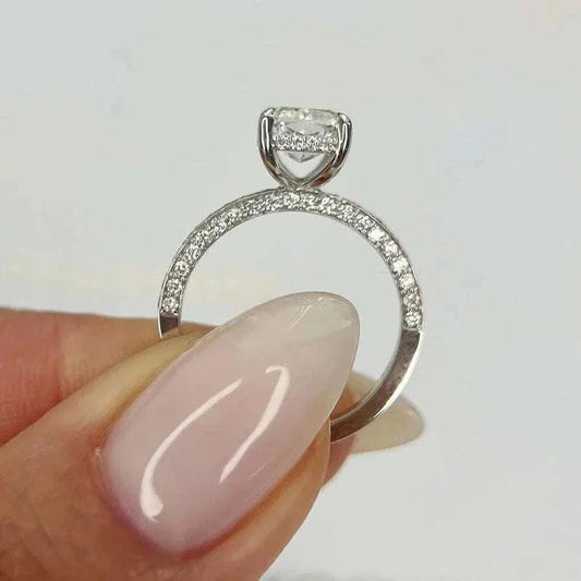 2 carat radiant cut lab grown diamond ring with low profile and 14K white gold band.