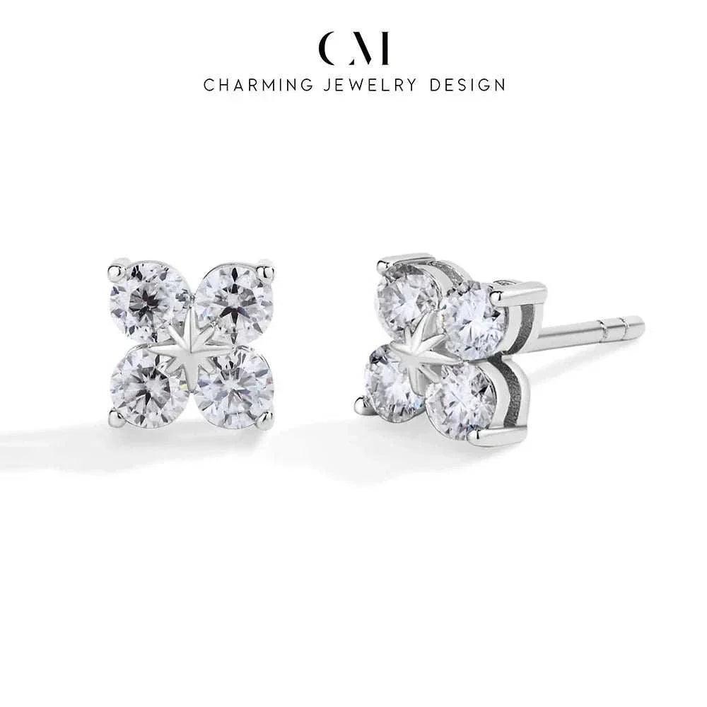 Dazzling moissanite flower earrings in gold or silver with round-cut VVS1 D color diamonds.