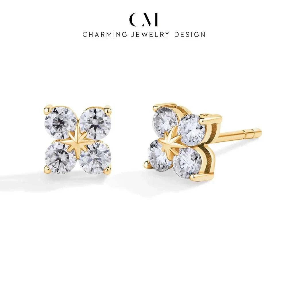 Dazzling moissanite flower earrings in gold, featuring round-cut VVS1 D color stones.
