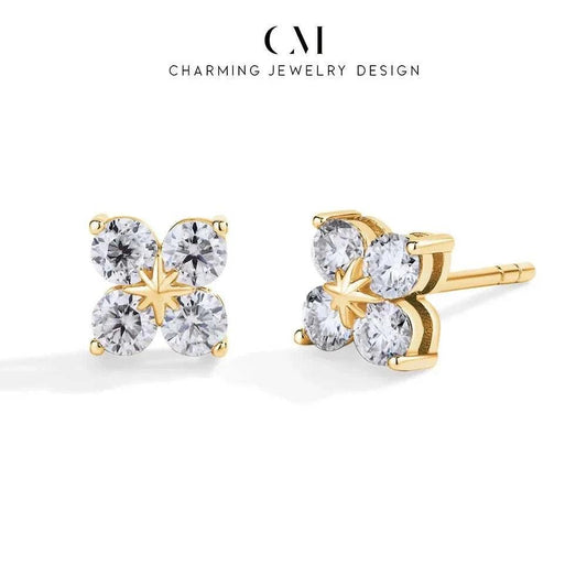 Dazzling moissanite flower earrings in gold, featuring round-cut VVS1 D color stones.