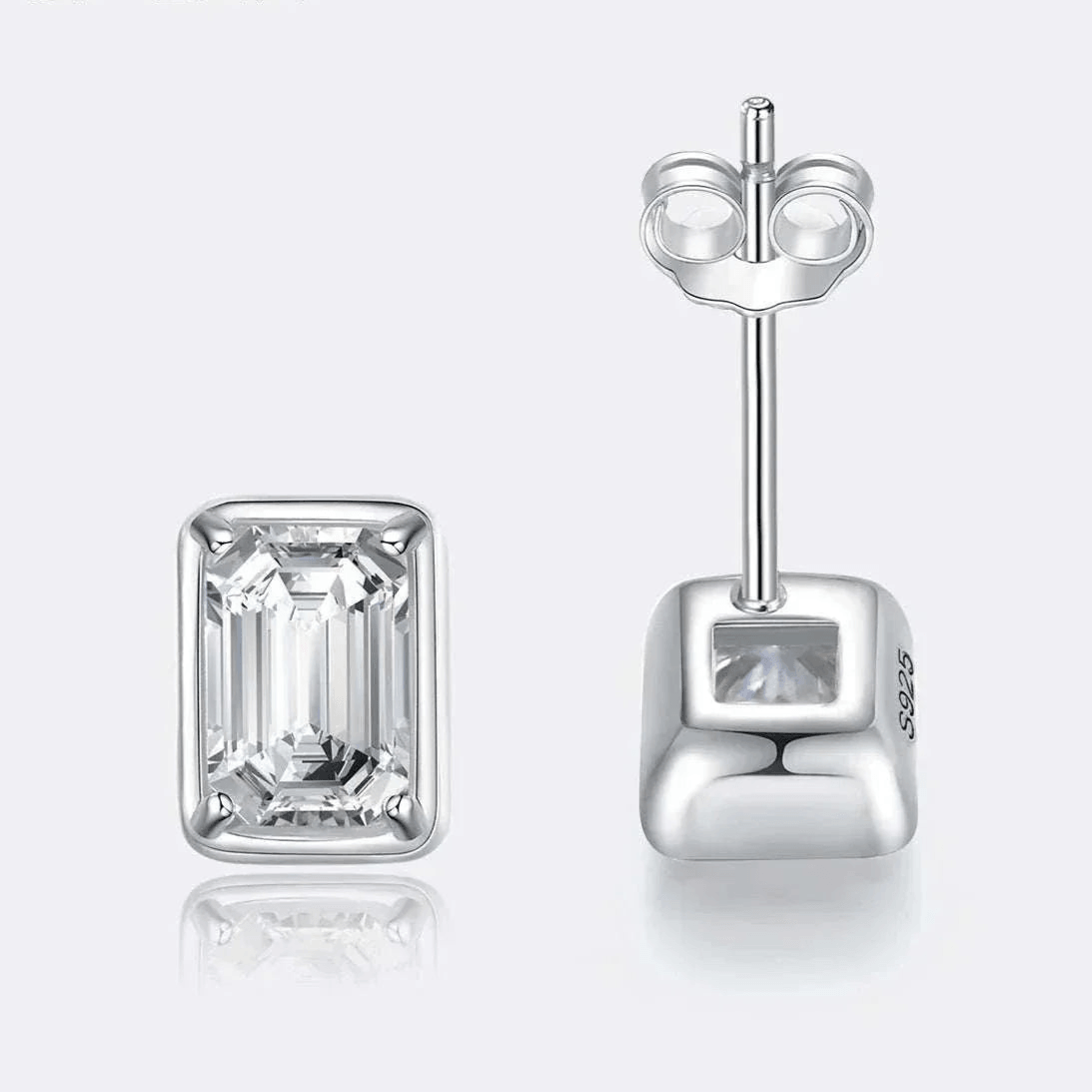 Elegant 1.2CT Moissanite Emerald Cut Earrings in sterling silver.