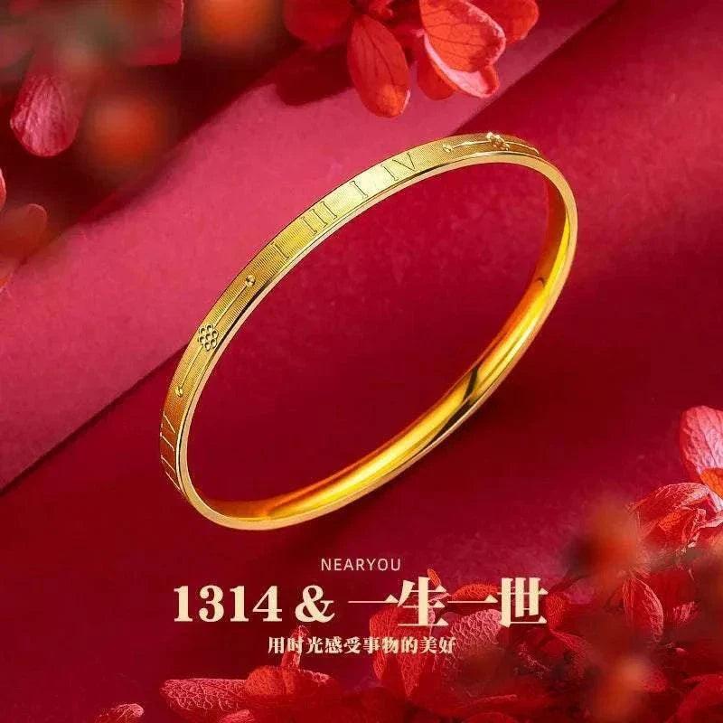 Elegant 22K gold women's bracelet on red background, perfect wedding gift.