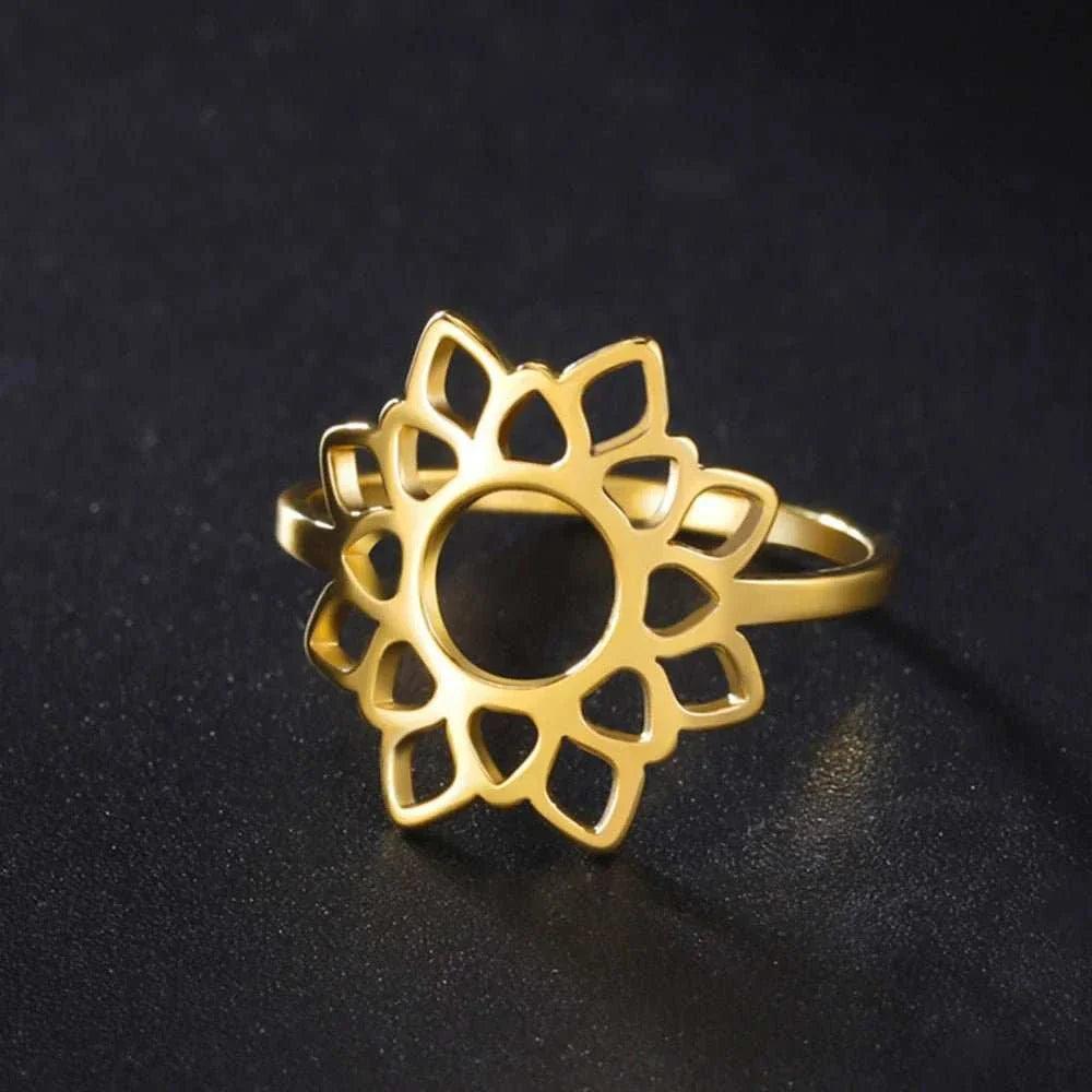 Elegant Lotus Mandala Flower Stainless Steel Rings