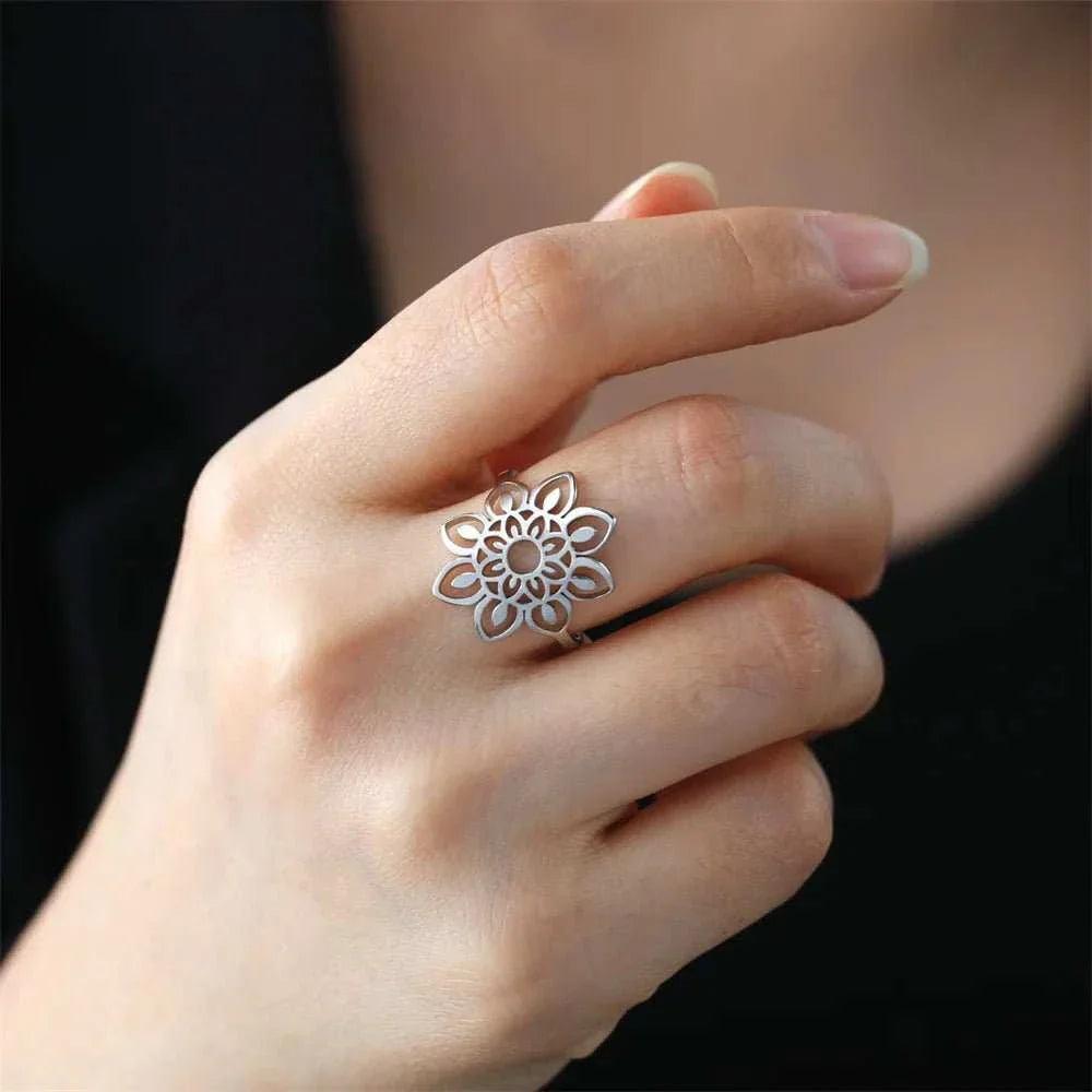 Elegant Lotus Mandala Flower Stainless Steel Rings
