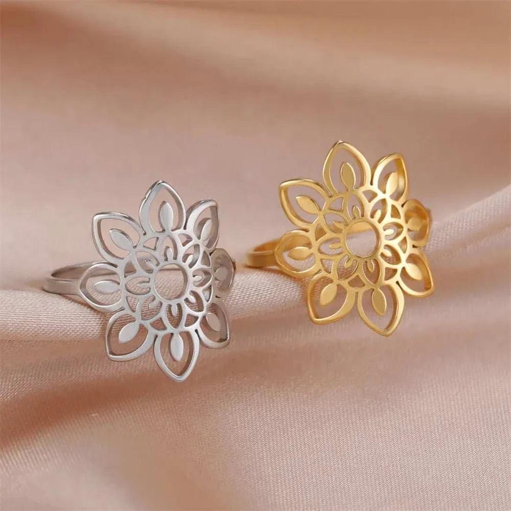 Elegant Lotus Mandala Flower Stainless Steel Rings