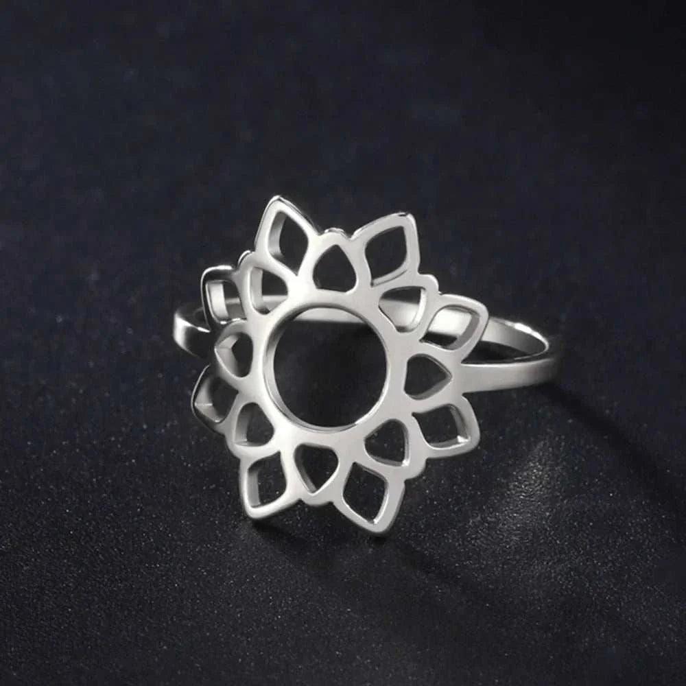Elegant Lotus Mandala Flower Stainless Steel Rings