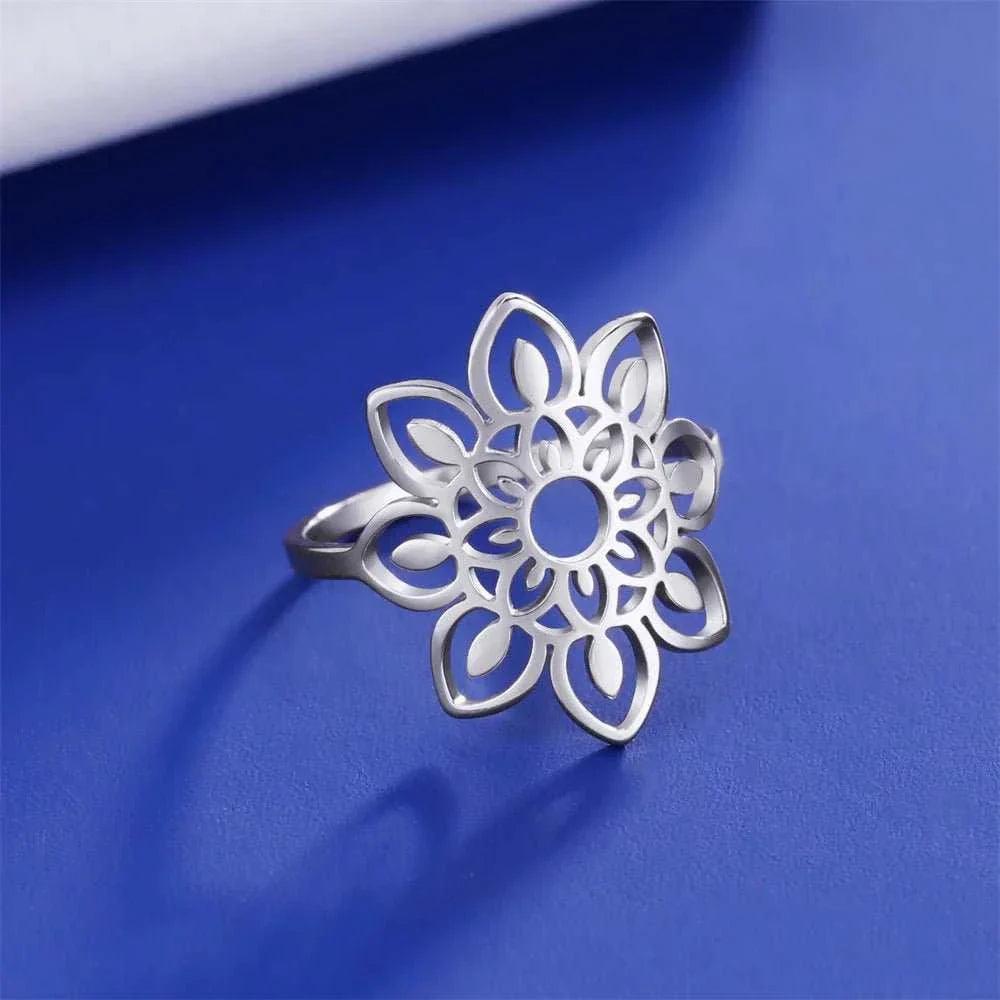 Elegant Lotus Mandala Flower Stainless Steel Rings