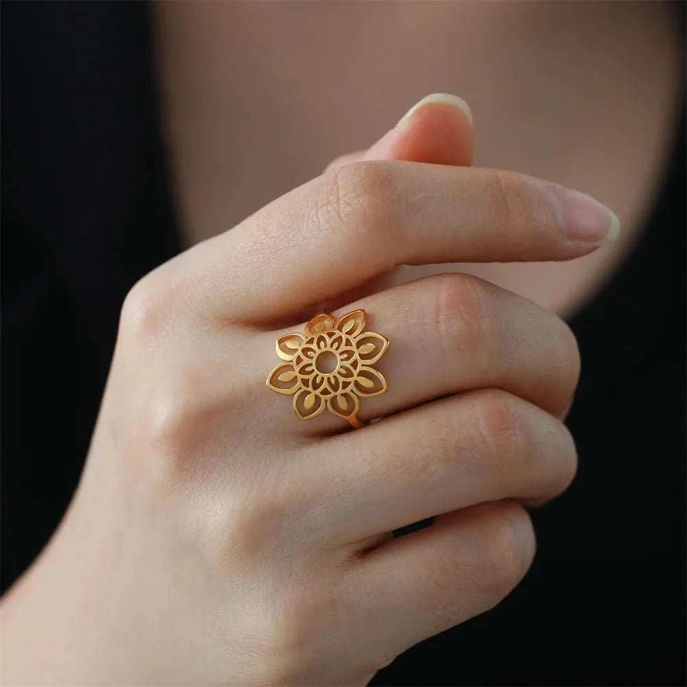 Elegant Lotus Mandala Flower Stainless Steel Rings
