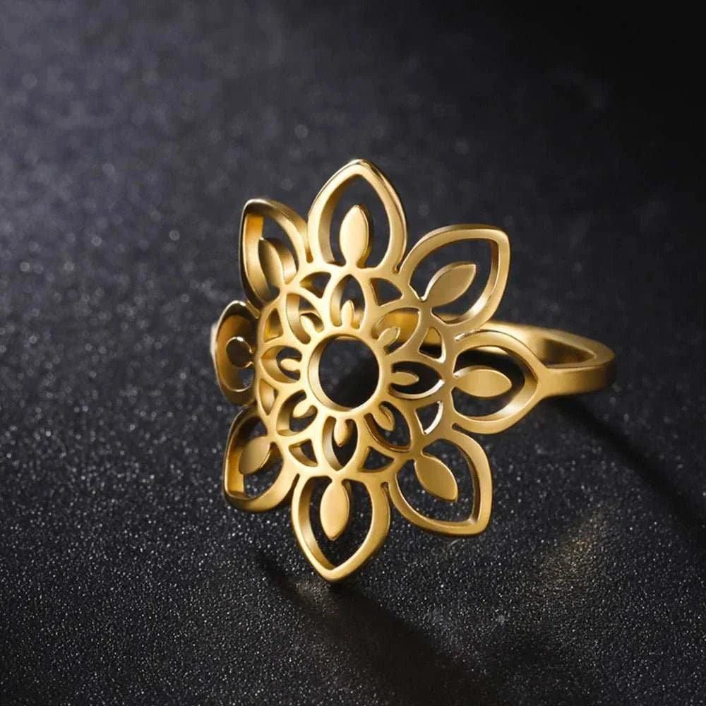 Elegant Lotus Mandala Flower Stainless Steel Rings