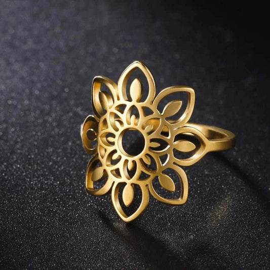 Elegant Lotus Mandala Flower Stainless Steel Rings