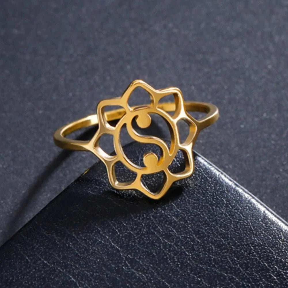Elegant Lotus Mandala Flower Stainless Steel Rings