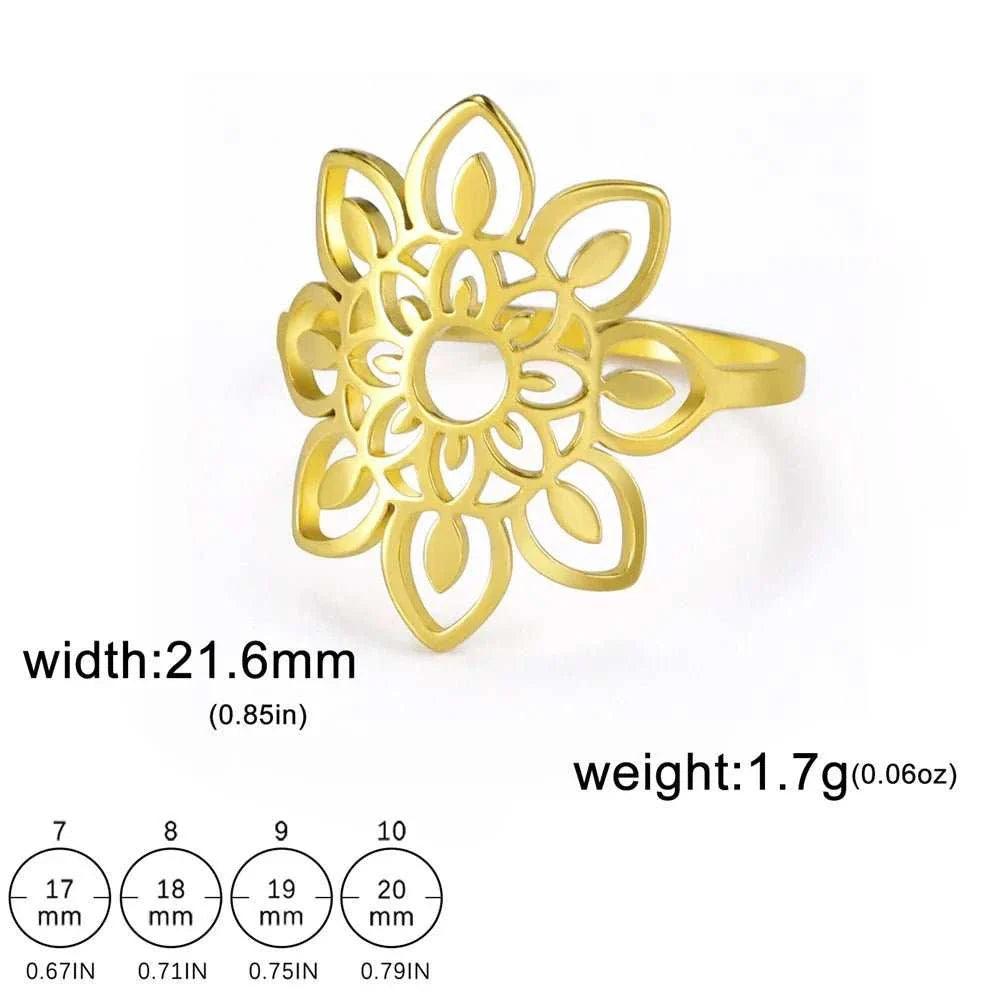 Elegant Lotus Mandala Flower Stainless Steel Rings
