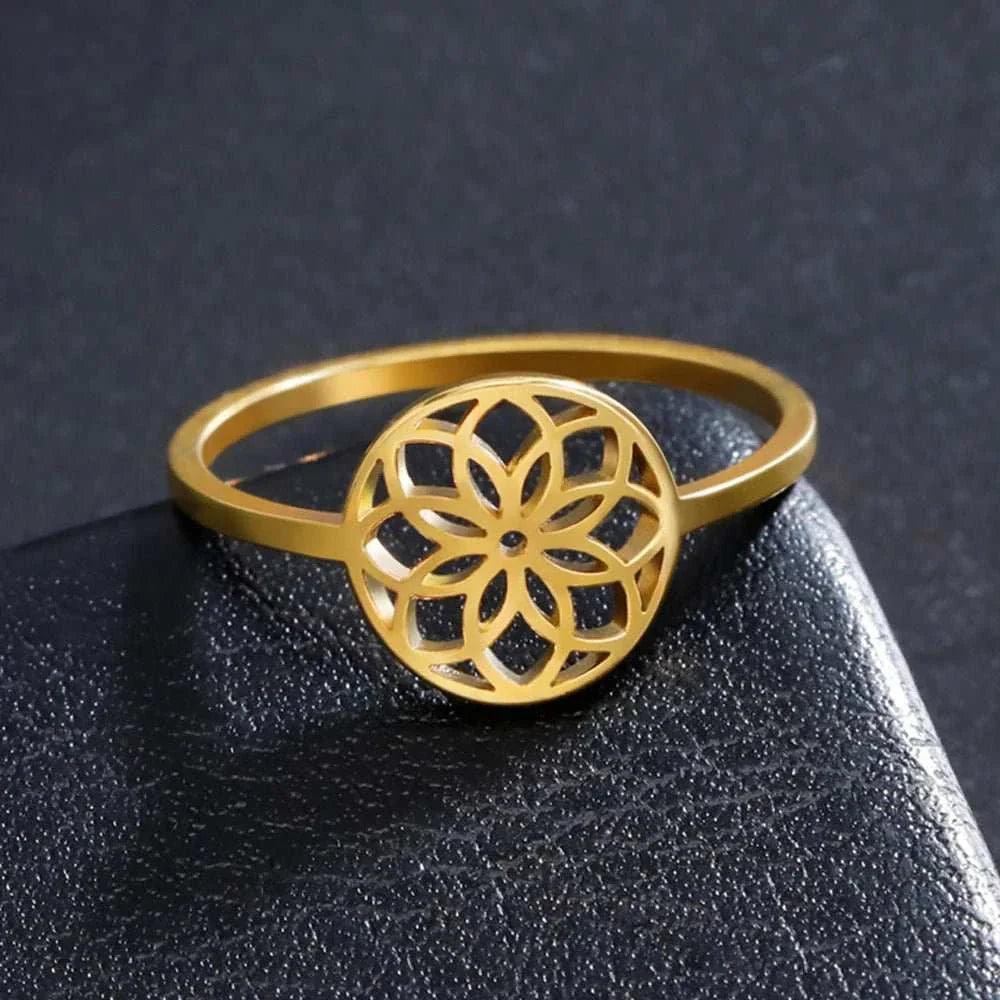 Elegant Lotus Mandala Flower Stainless Steel Rings