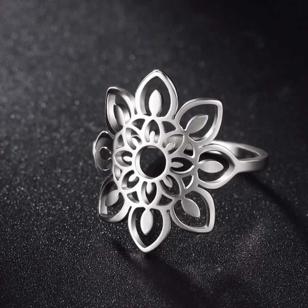 Elegant Lotus Mandala Flower Stainless Steel Rings