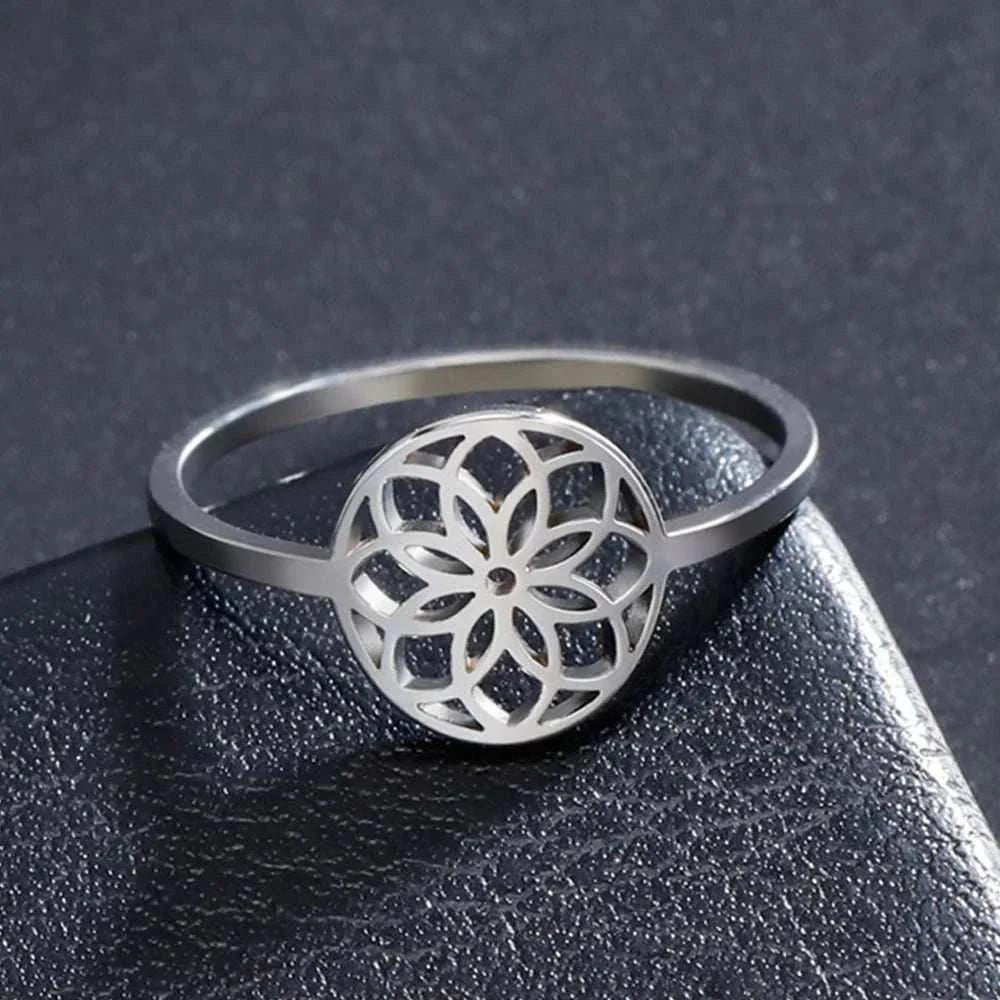 Elegant Lotus Mandala Flower Stainless Steel Rings