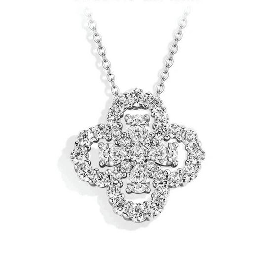 Elegant Moissanite Flower Necklace in Sterling Silver, showcasing a floral design with VVS1 D Color Moissanite diamonds on a delicate chain.