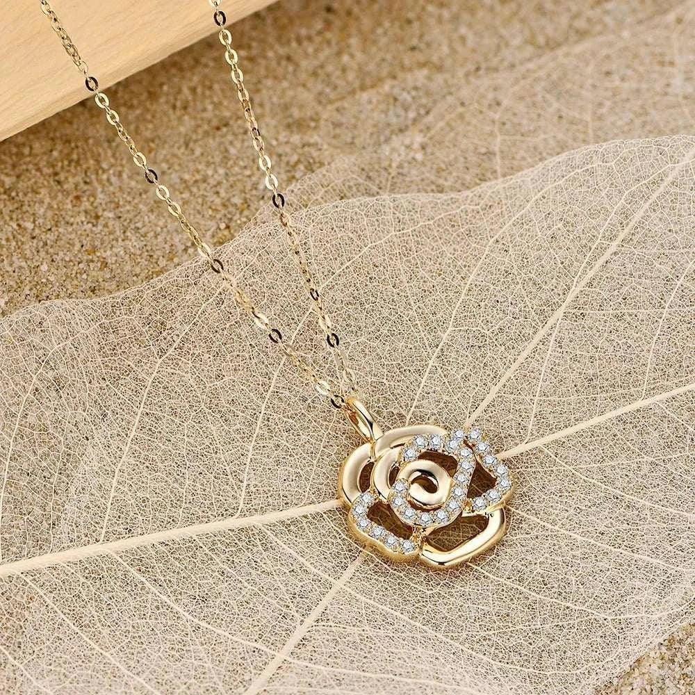 Elegant Moissanite Flower Necklace in Sterling Silver on a textured leaf background.