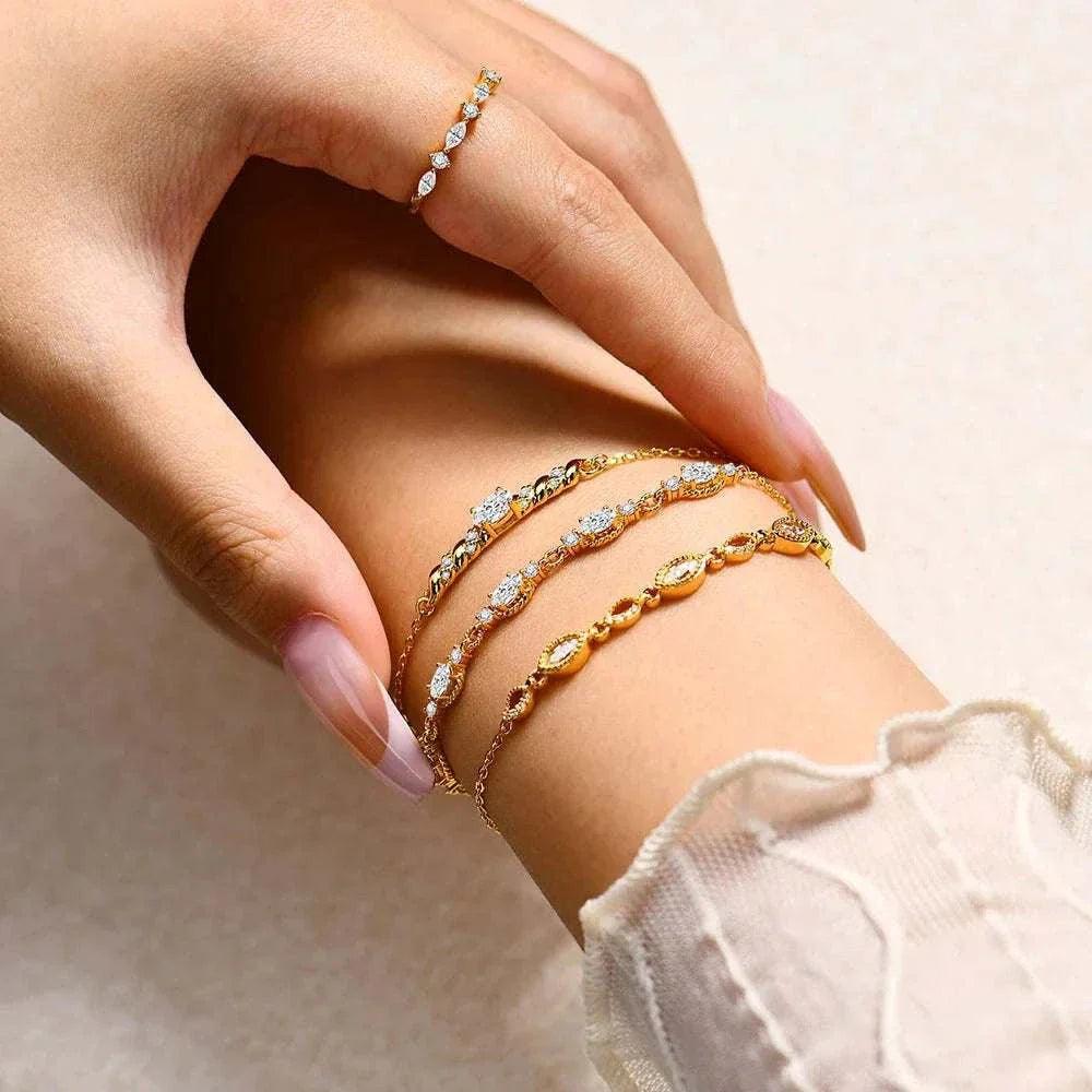 elegant moissanite oval cut bracelet on wrist, 10k gold plated, luxury jewelry
