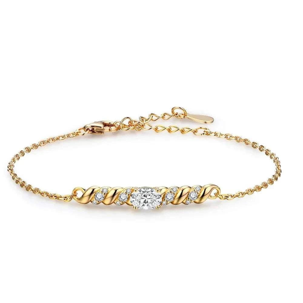 Elegant moissanite oval cut bracelet in gold plating, perfect for gifting.