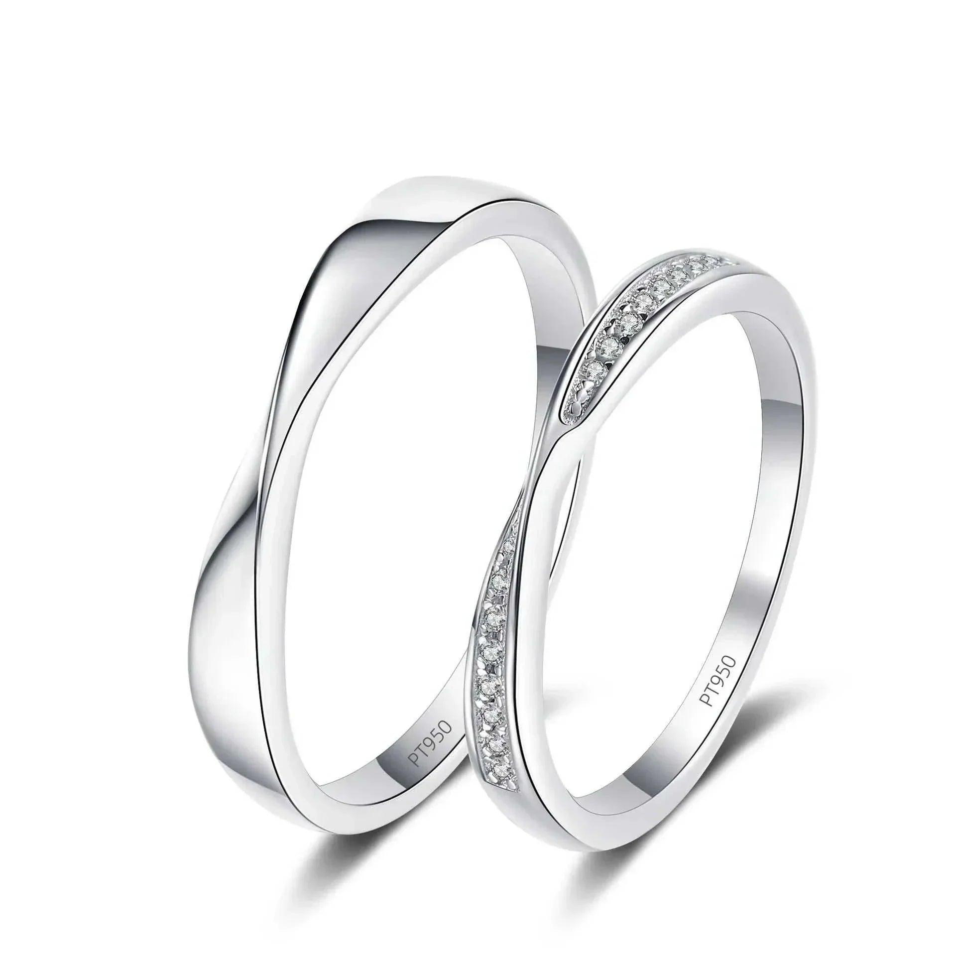 Elegant Platinum Moissanite Couples Ring Set with minimalist design and brilliant moissanite stones.