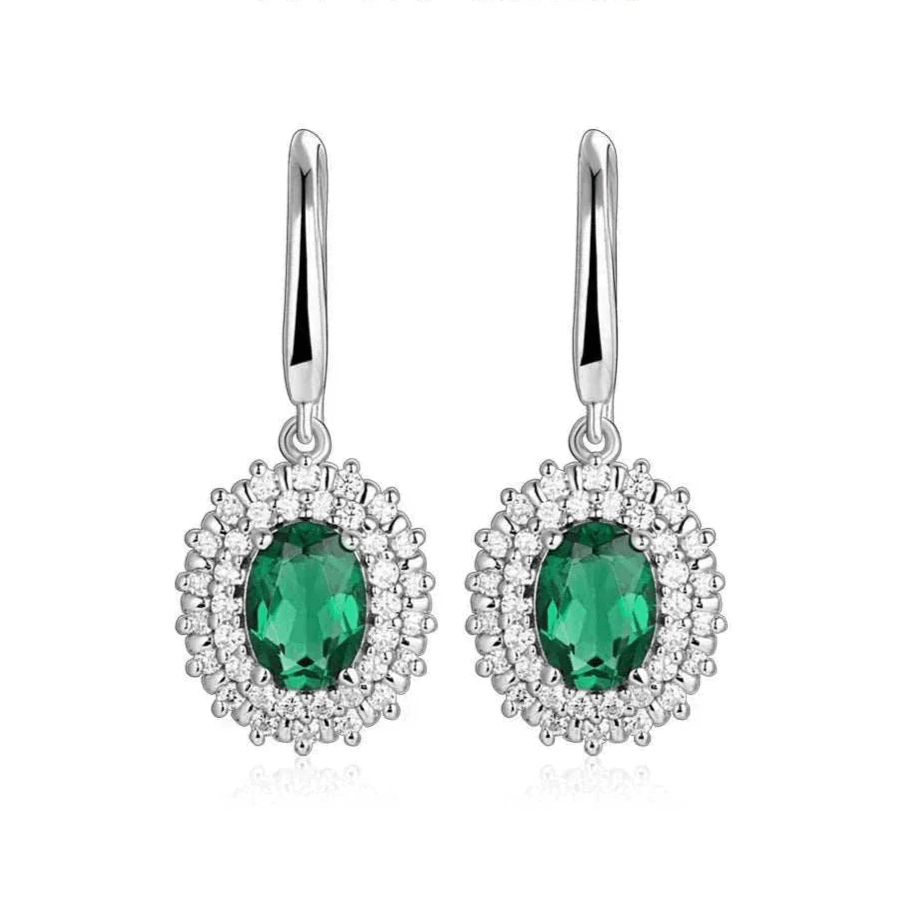 Emerald Moissanite Dangle Earrings in Sterling Silver with Oval Design, Natural Elegance.