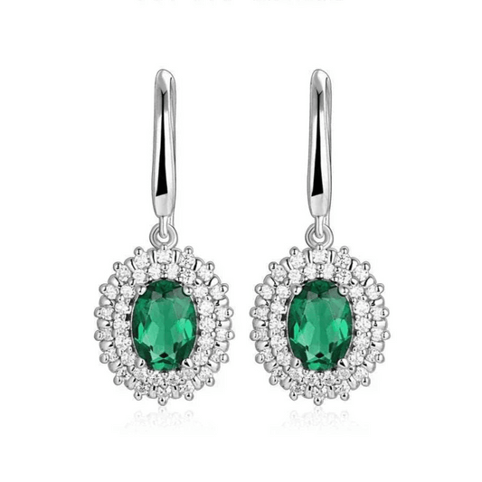 Emerald Moissanite Dangle Earrings in Sterling Silver with Oval Design, Natural Elegance.