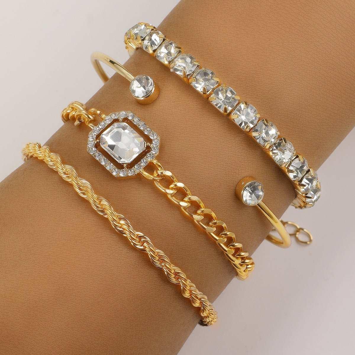 This collection of women's bracelets comes with four unique styles: Fried Dough Twists, punk gem, square crystal, and open crystal. Each bracelet features sparkling 