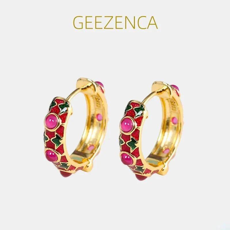 Gold plated red corundum hoop earrings with colorful enamel by GEEZENCA.