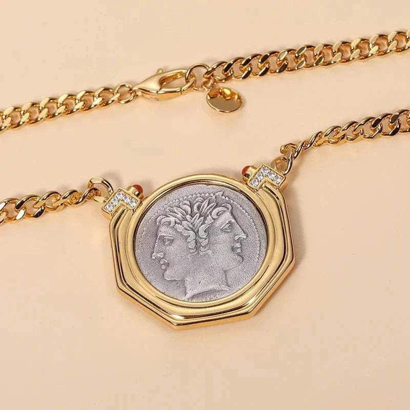 Janus Vintage Two-Faces Coin Necklace on a gold chain, showcasing duality with an ancient coin design.