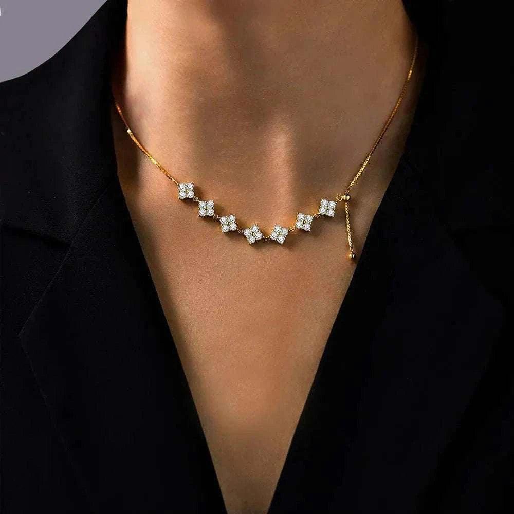 Luxury moissanite necklace with silver and gold design, featuring D color moissanite stones.