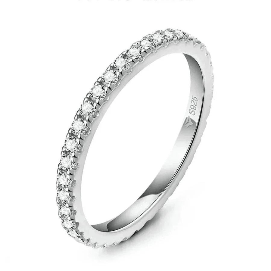 Moissanite full eternity ring in sterling silver with sparkling VVS1 diamonds.