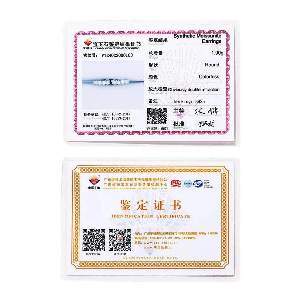Certification documents for synthetic moissanite earrings showcasing details and authenticity.