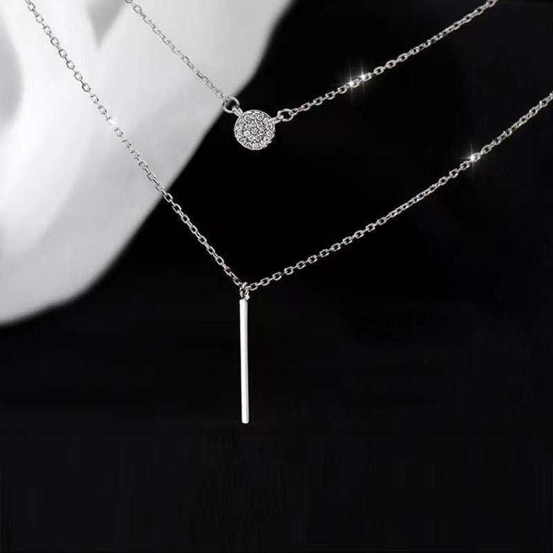  Double Chain Long Stick Micro Pave Zircon Round Pendant Necklaces
