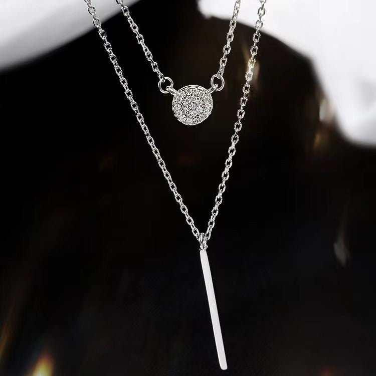  Double Chain Long Stick Micro Pave Zircon Round Pendant Necklaces