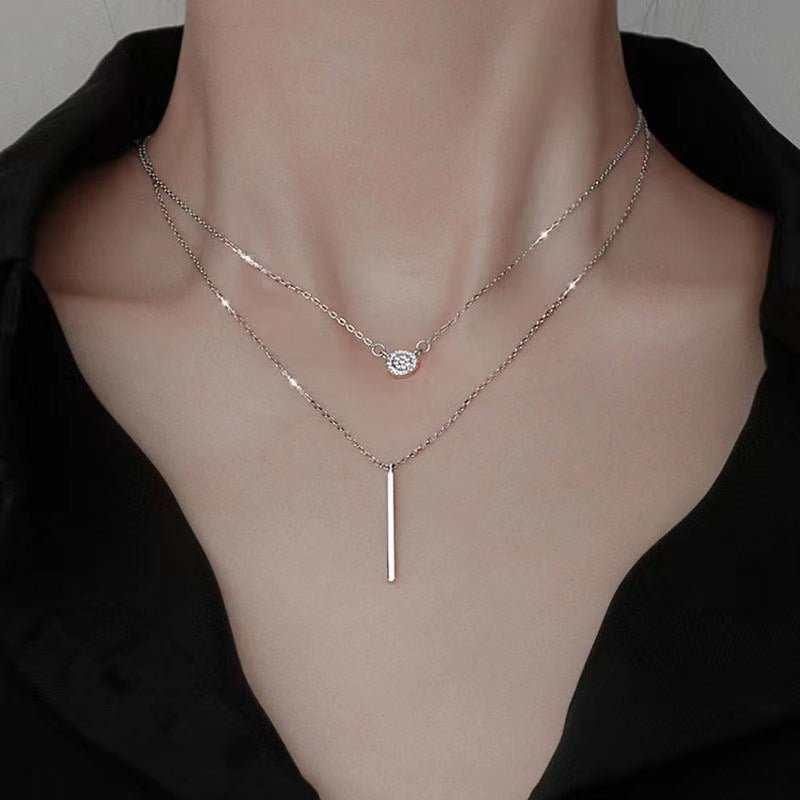  Double Chain Long Stick Micro Pave Zircon Round Pendant Necklaces