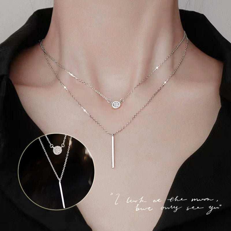  Double Chain Long Stick Micro Pave Zircon Round Pendant Necklaces