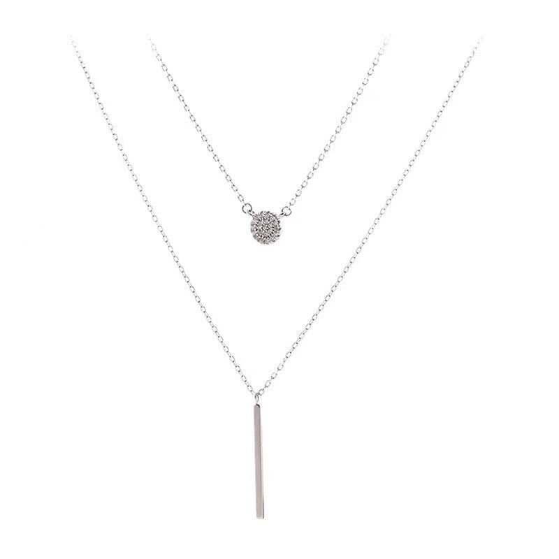  Double Chain Long Stick Micro Pave Zircon Round Pendant Necklaces