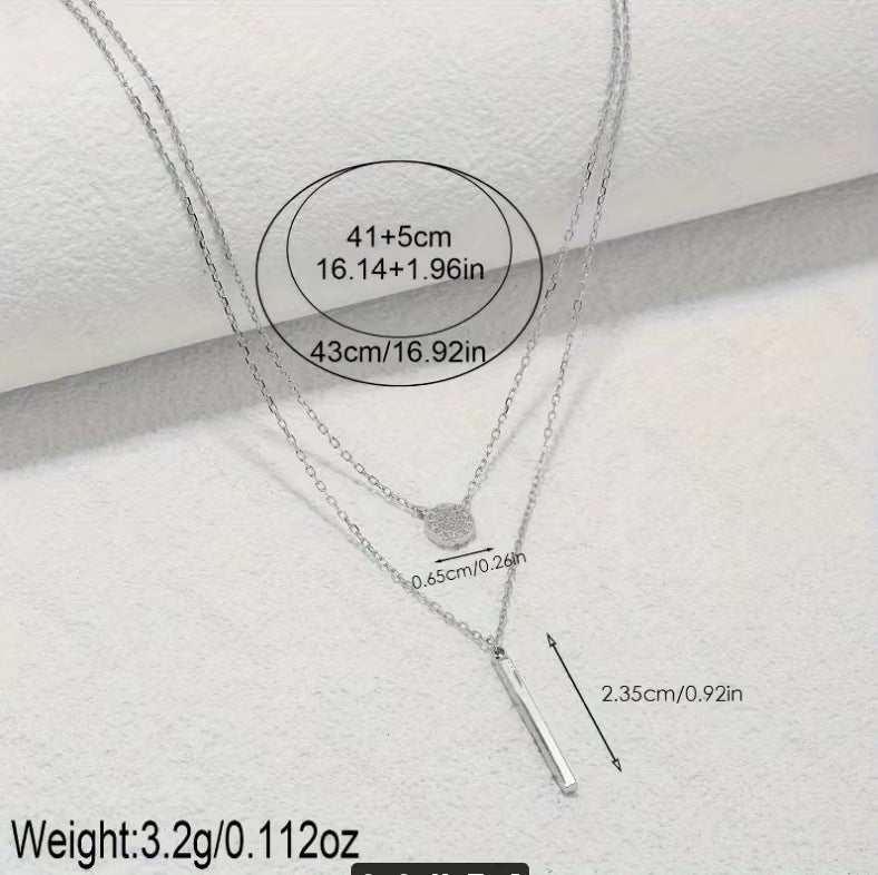  Double Chain Long Stick Micro Pave Zircon Round Pendant Necklaces