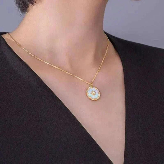 S925 Silver Octagon Star Compass Necklace on model, elegant and stylish jewelry piece.