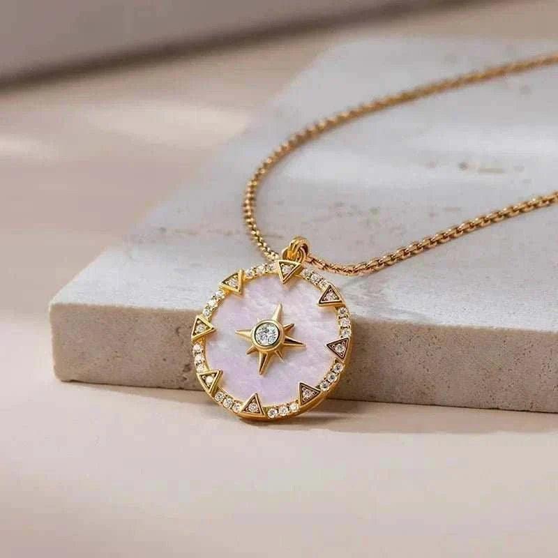 S925 Silver Octagon Star Compass Necklace on display, featuring a detailed star pendant on a durable collar chain, symbolizing guidance and adventure.