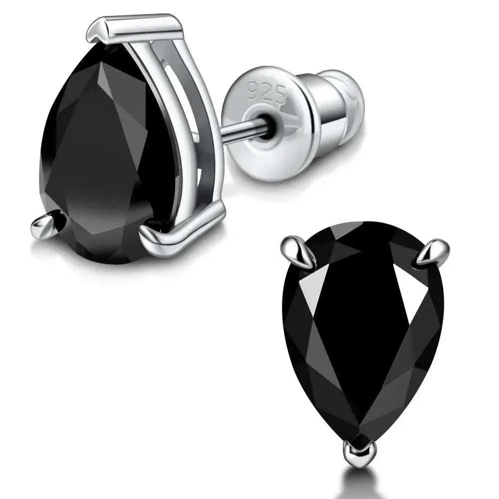 Timeless moissanite sterling silver stud earrings with pear-cut black stones.