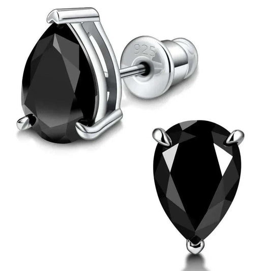 Timeless moissanite sterling silver stud earrings with pear-cut black stones.