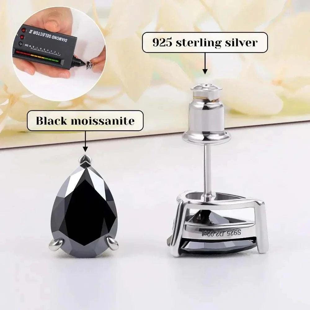 Timeless moissanite sterling silver stud earrings with black moissanite and 925 sterling silver setting.